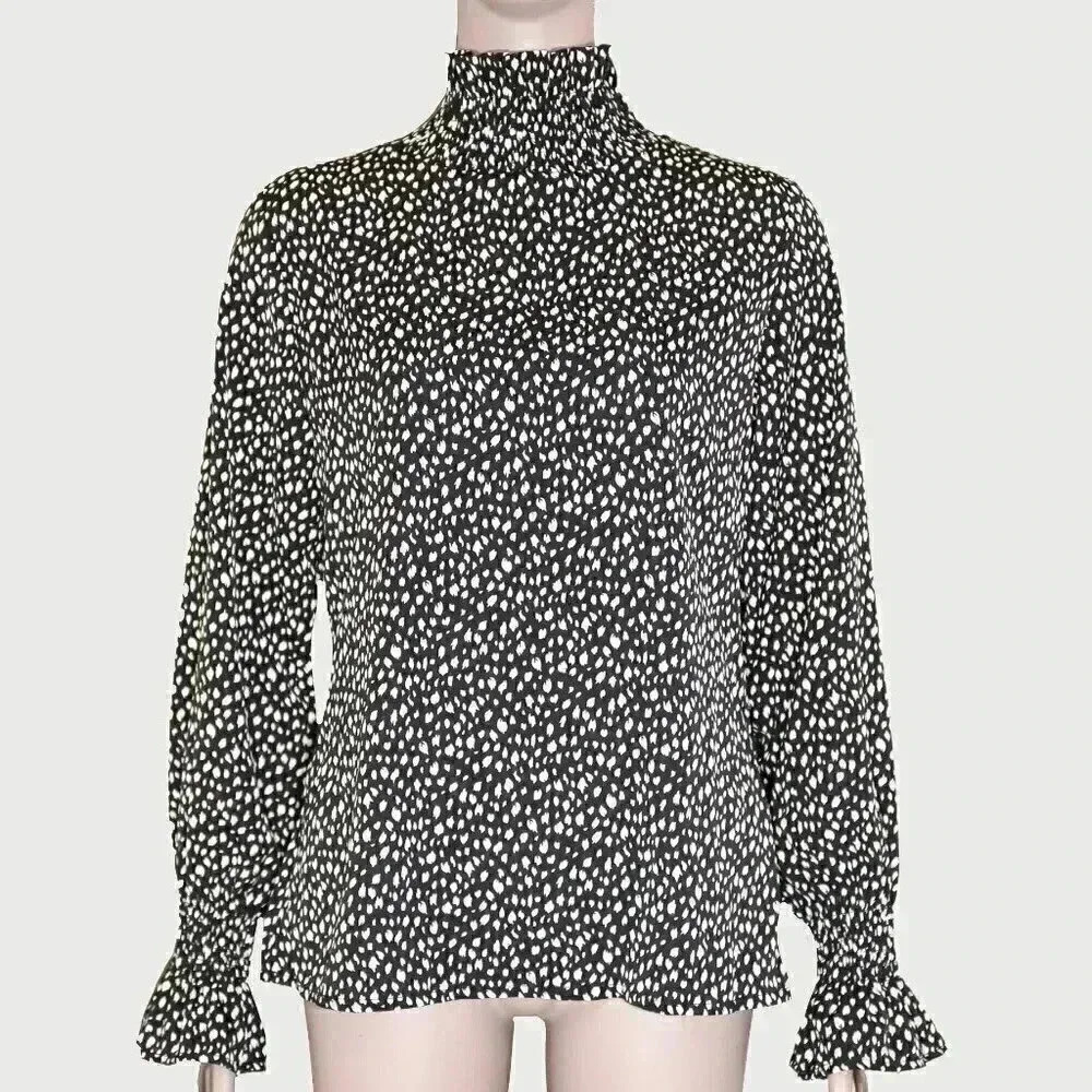 Black White Polka Dot Blouse Size Small Long Bell Sleeve Top Mock Neck‎ Fall Top